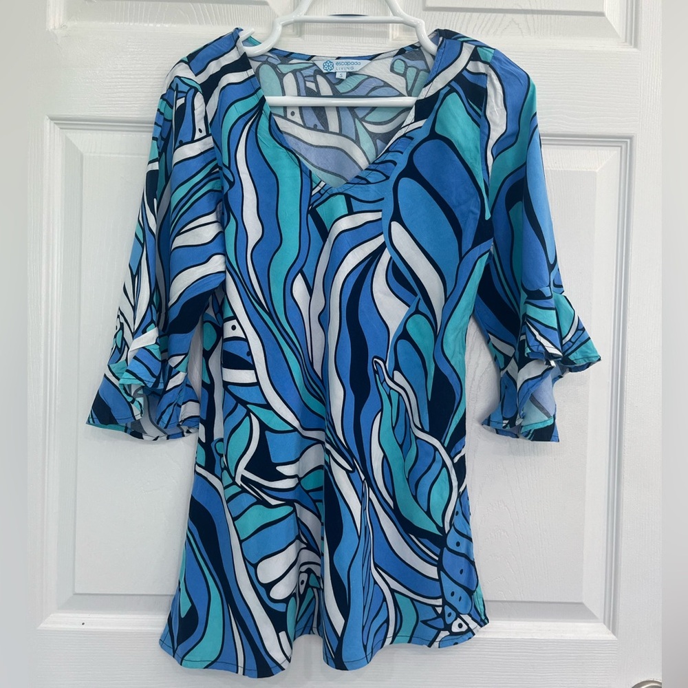 Escapada Teal Blue White Abstract Bell Sleeve Women's Blouse Shirt Top Tunic